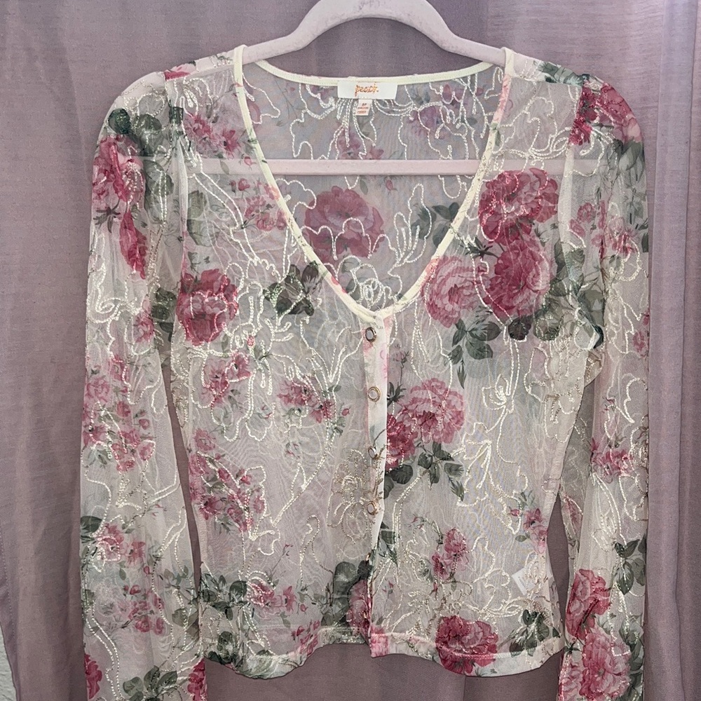 Floral Sheer Button-Front Top - Pink Rose